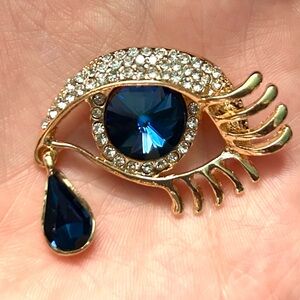 Deep Blue, Gold Evil Eye Pin w/ Rhinestone Accents & Dangle Teardrop